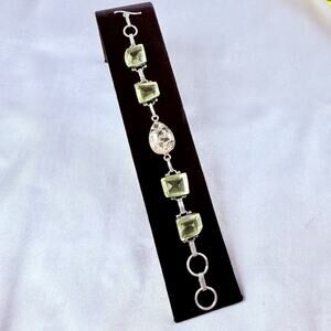 925 Sterling Silver Green Quartz Prasiolite Rutilated Quartz Bracelet 8” Raw VTG